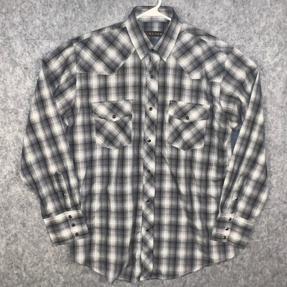 Roper Mens Grey Plaid Western Pearl Snap Shirt Long Sleeve 1-01-101-383GY Medium